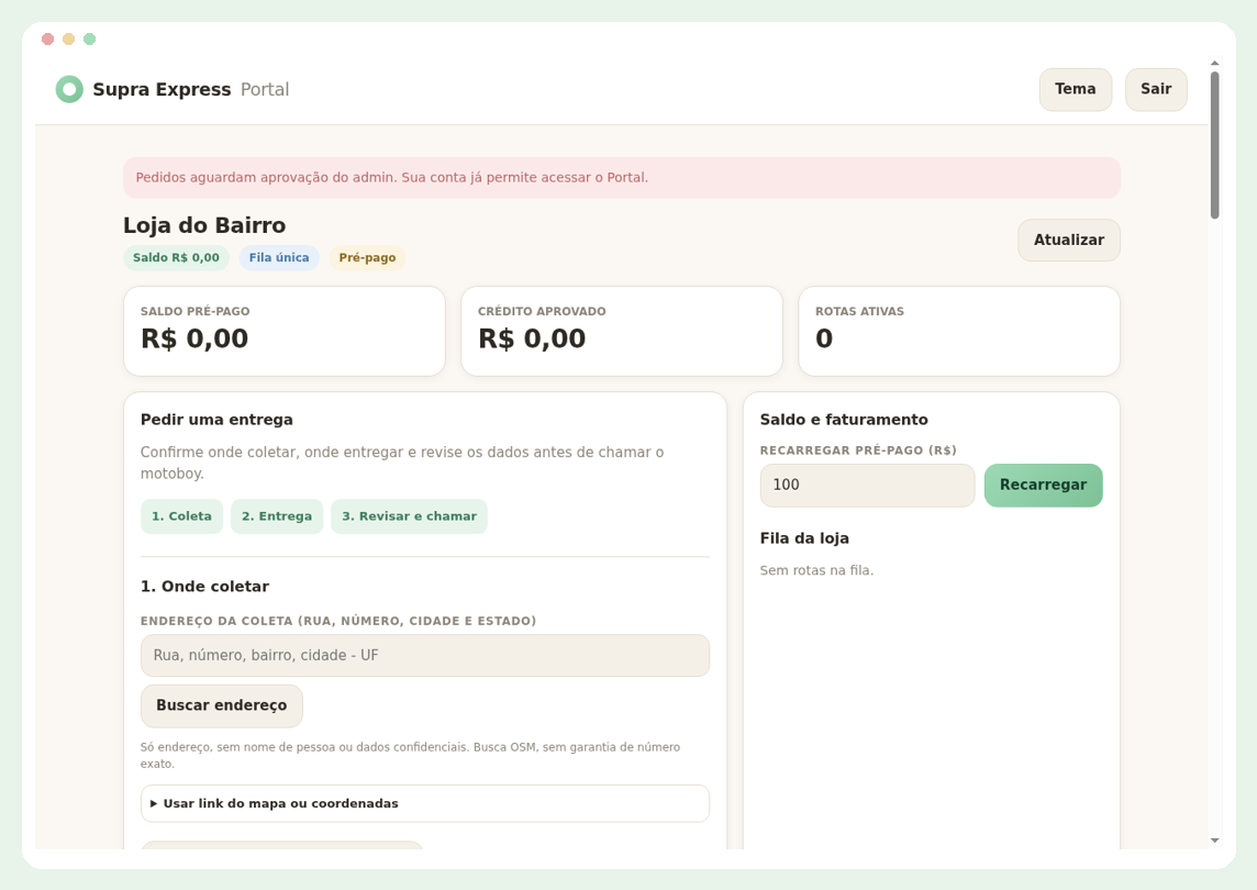 Captura real da prévia local do Portal, mostrando o painel da loja e o pedido